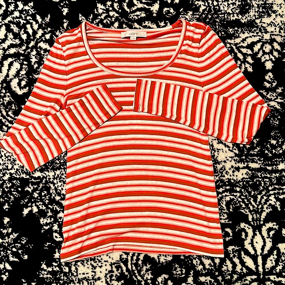 LOFT, Festive Long Sleeve, Dark & Light Red, White, Brown Stripes, Size M.